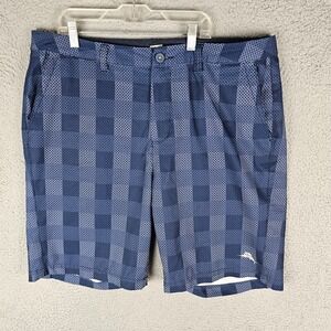 Tommy Bahama Chino Shorts Mens 36 Blue Checkered Stretch Logo Flat Front Preppy